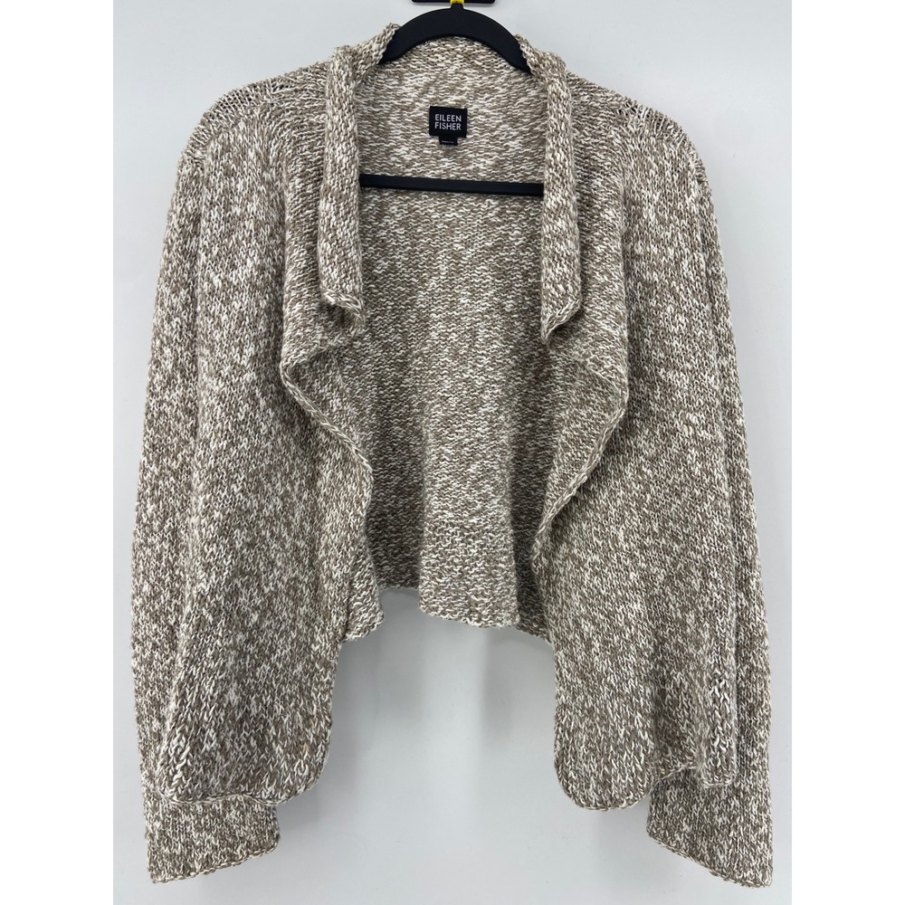 Eileen Fisher Cardigan Women Medium Tan Marled Knit Draped Shawl Crop Minimalist